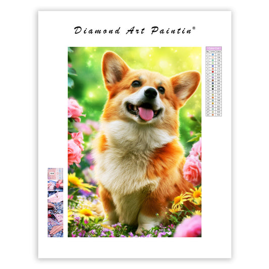 Corgi med blommor – Diamantmålning