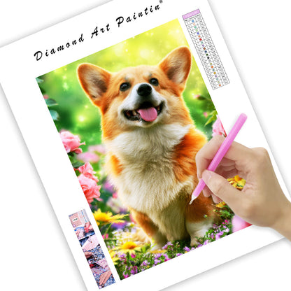 Corgi med blommor – Diamantmålning