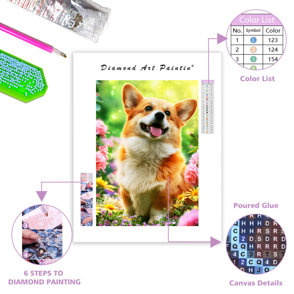 Corgi med blommor – Diamantmålning