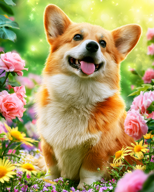 Corgi med blommor – Diamantmålning