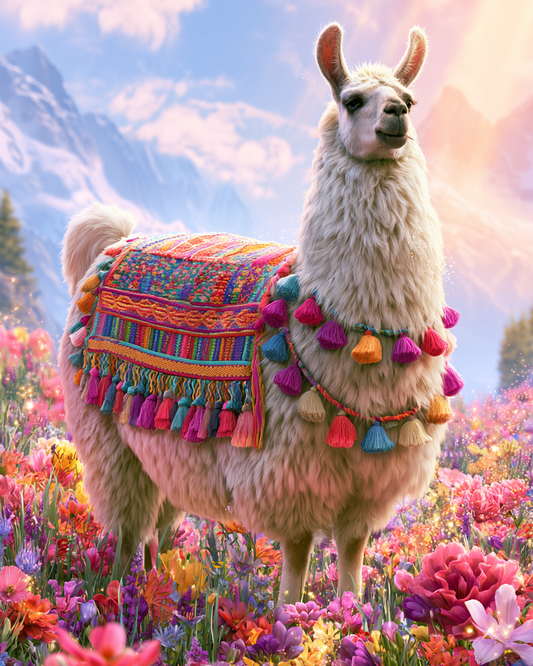 Lama med blommor – Diamantmålning