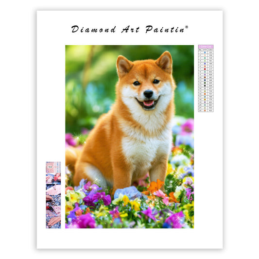 Shiba inu med blommor – Diamantmålning