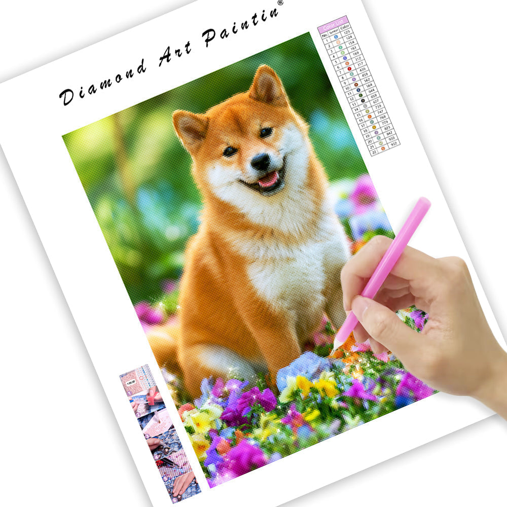 Shiba inu med blommor – Diamantmålning