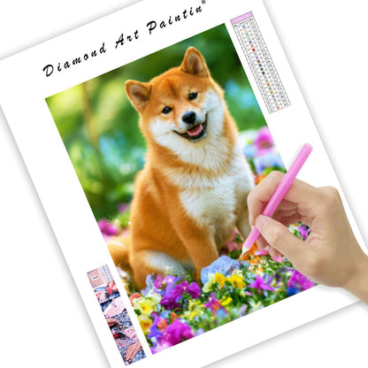 Shiba inu med blommor – Diamantmålning
