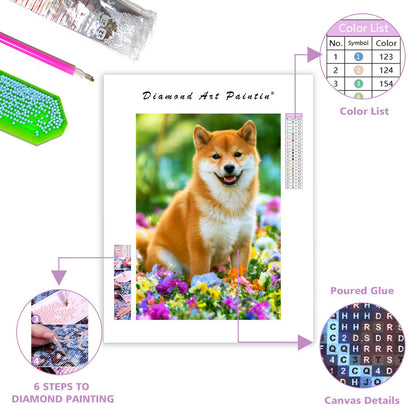 Shiba inu med blommor – Diamantmålning