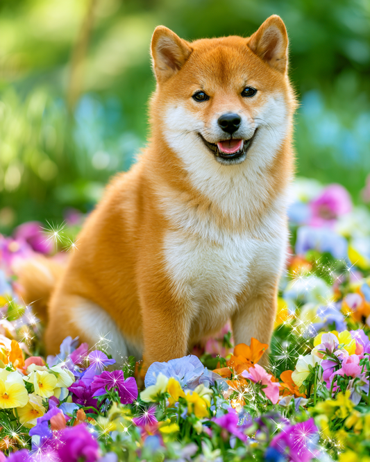 Shiba inu med blommor – Diamantmålning