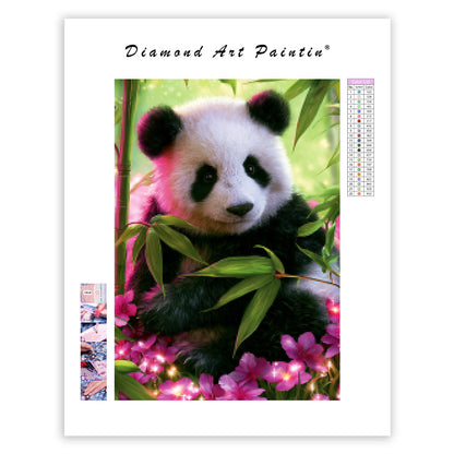 Panda bland blommor i mjukt ljus – Diamantmålning