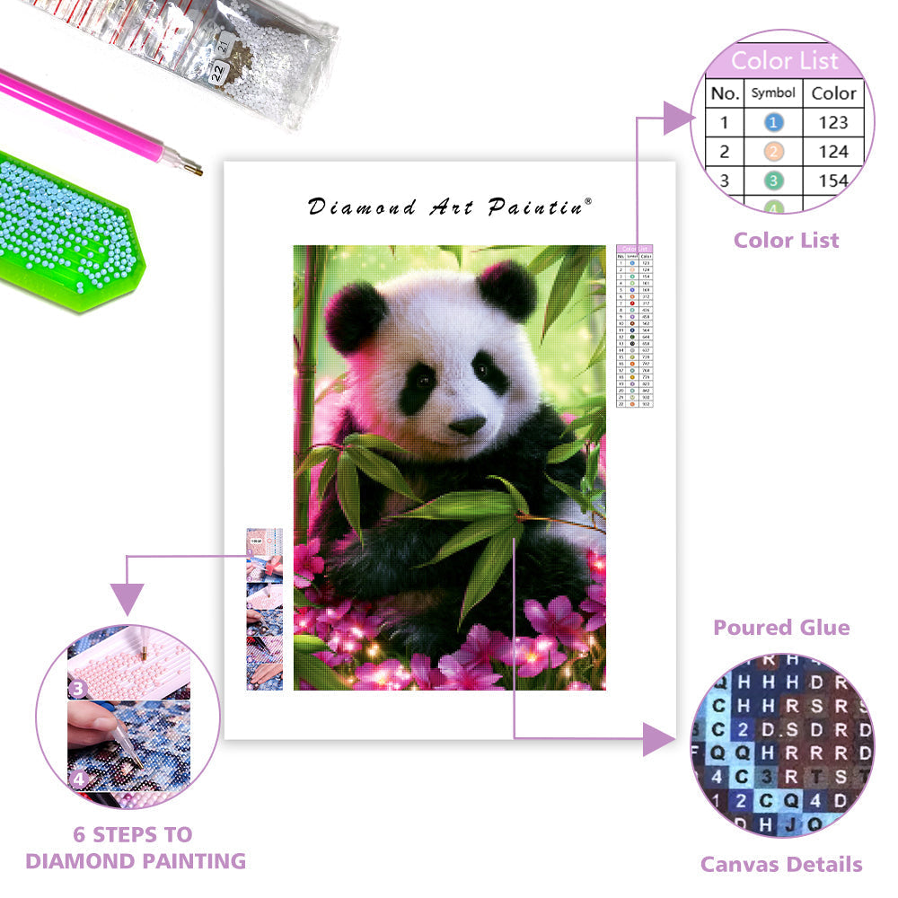 Panda bland blommor i mjukt ljus – Diamantmålning