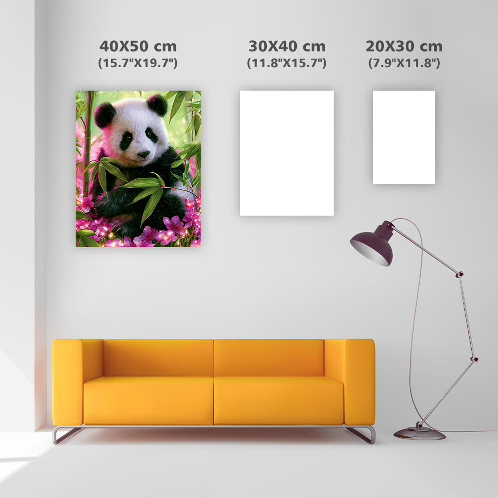 Panda bland blommor i mjukt ljus – Diamantmålning
