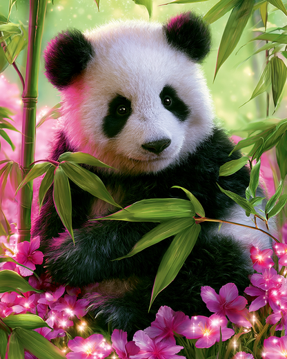 Panda bland blommor i mjukt ljus – Diamantmålning
