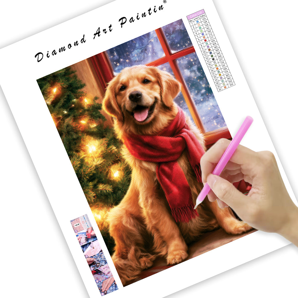 Golden retriever i julmiljö – Diamantmålning