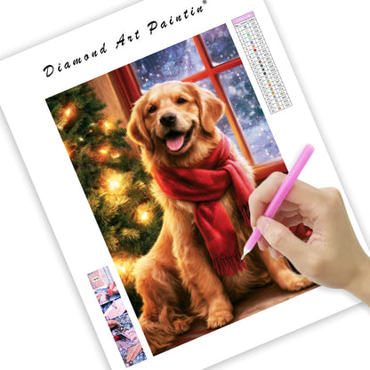 Golden retriever i julmiljö – Diamantmålning