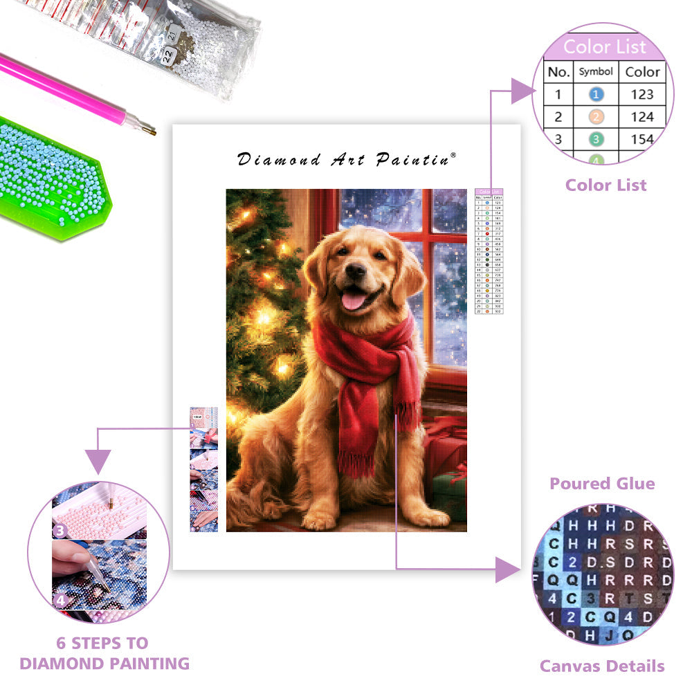 Golden retriever i julmiljö – Diamantmålning