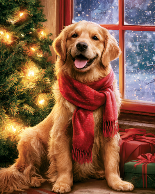 Golden retriever i julmiljö – Diamantmålning