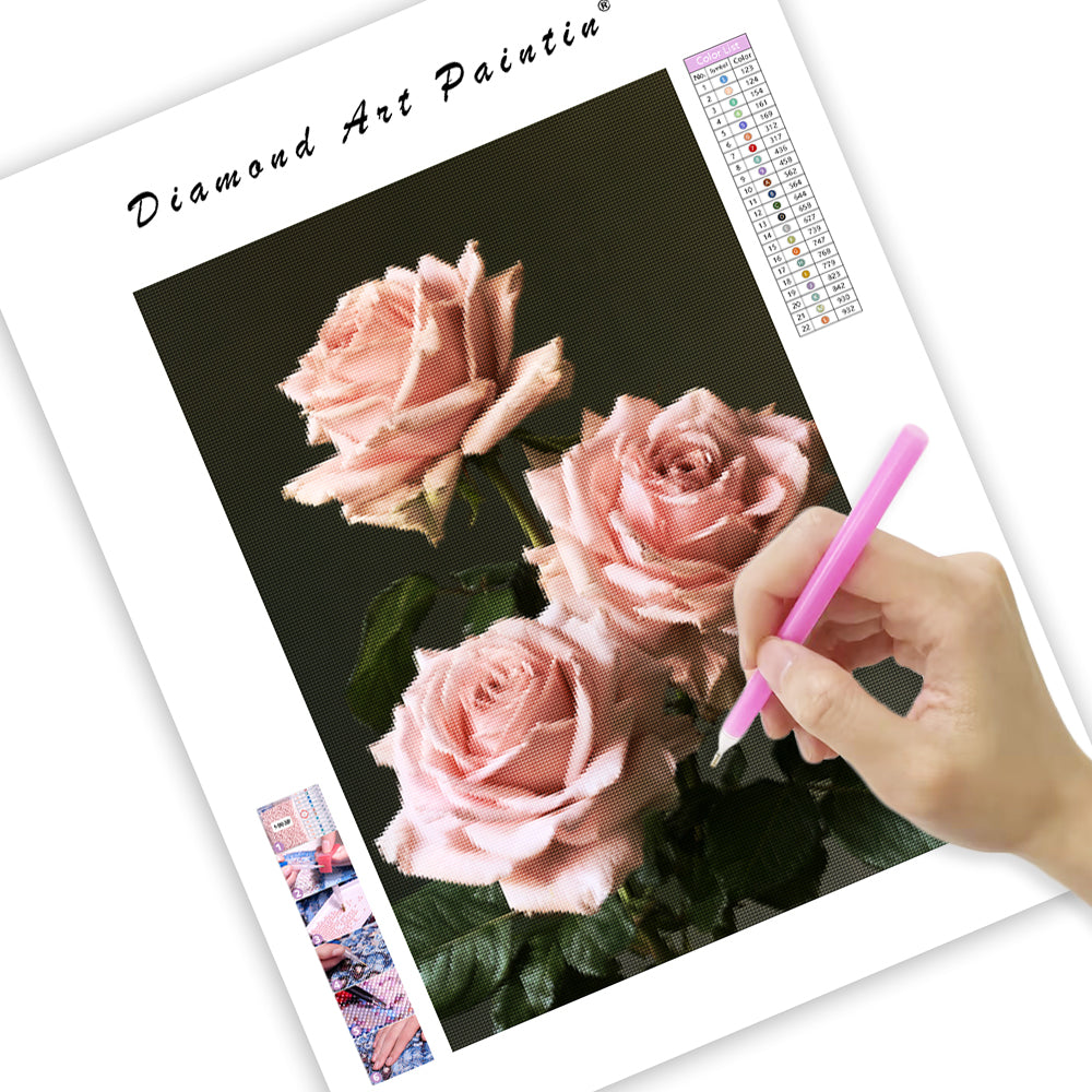 Eleganta rosa rosor - Diamantmålning