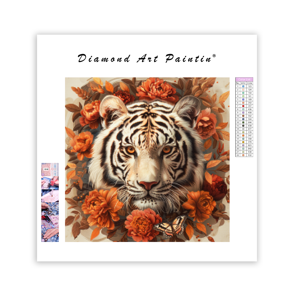 Biely tiger s oranžovými kvetmi - Diamantmålning