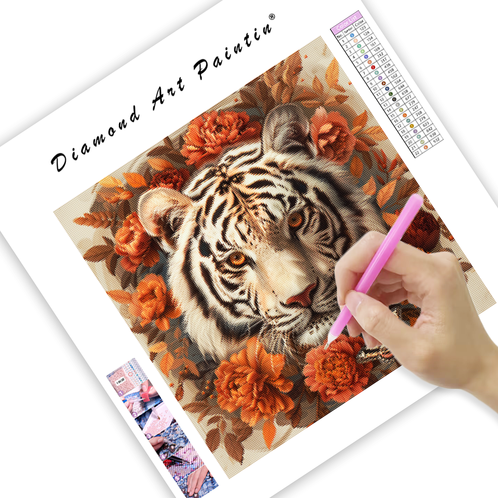 Biely tiger s oranžovými kvetmi - Diamantmålning