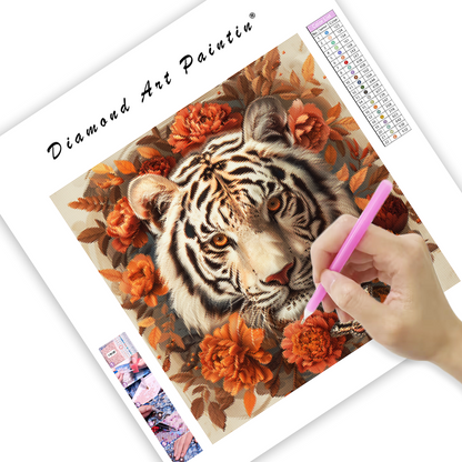 Biely tiger s oranžovými kvetmi - Diamantmålning