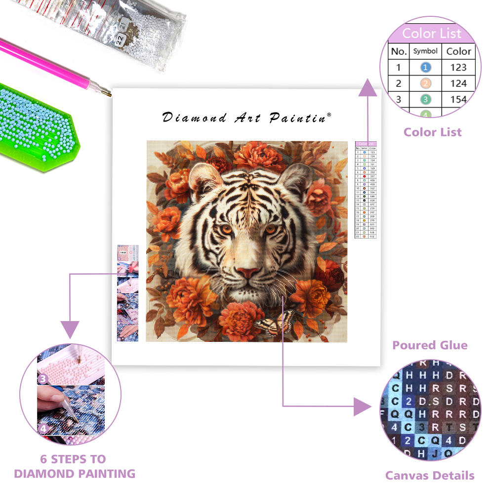 Biely tiger s oranžovými kvetmi - Diamantmålning