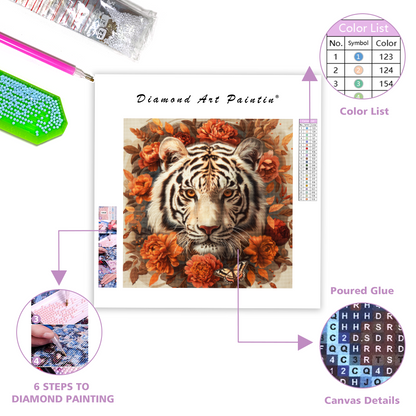 Biely tiger s oranžovými kvetmi - Diamantmålning