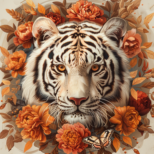 Biely tiger s oranžovými kvetmi - Diamantmålning