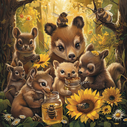 Söta björnar med bin - Diamantmålning