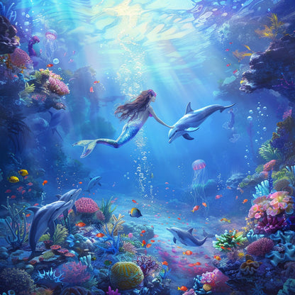 Sjöjungfru under vattnet med maneter - Diamantmålning