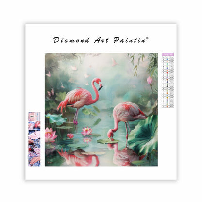 Rosa flamingos med lotusblommor - Diamantmålning