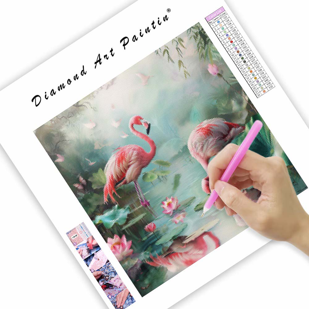 Rosa flamingos med lotusblommor - Diamantmålning