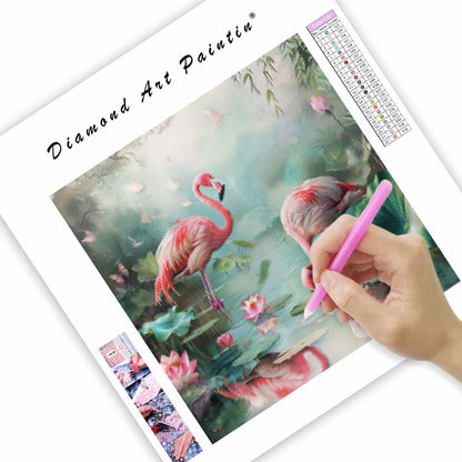 Rosa flamingos med lotusblommor - Diamantmålning