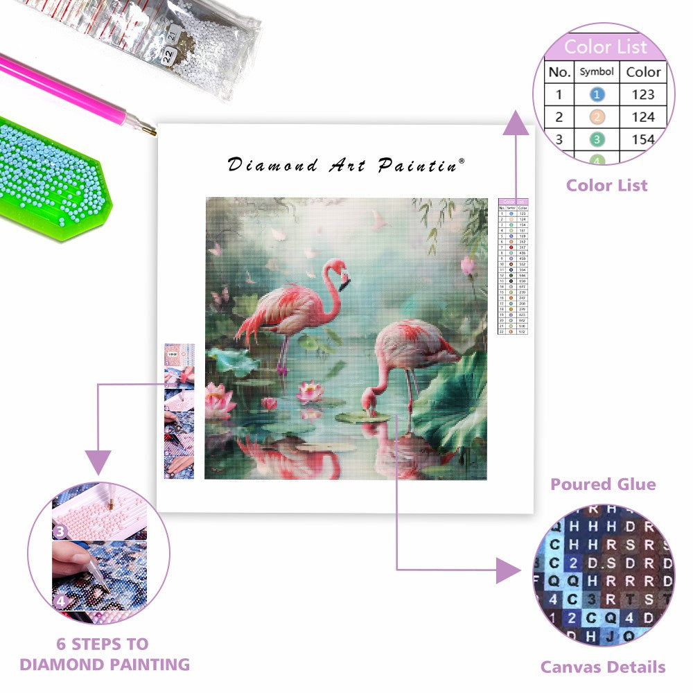 Rosa flamingos med lotusblommor - Diamantmålning