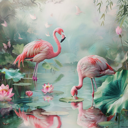 Rosa flamingos med lotusblommor - Diamantmålning
