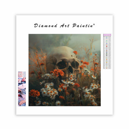 Dödskalle i blommor - Diamantmålning