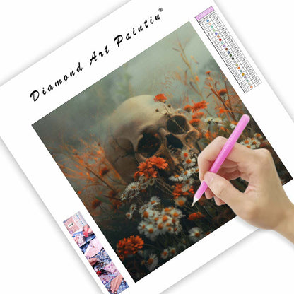 Dödskalle i blommor - Diamantmålning