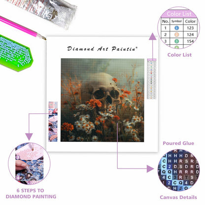 Dödskalle i blommor - Diamantmålning