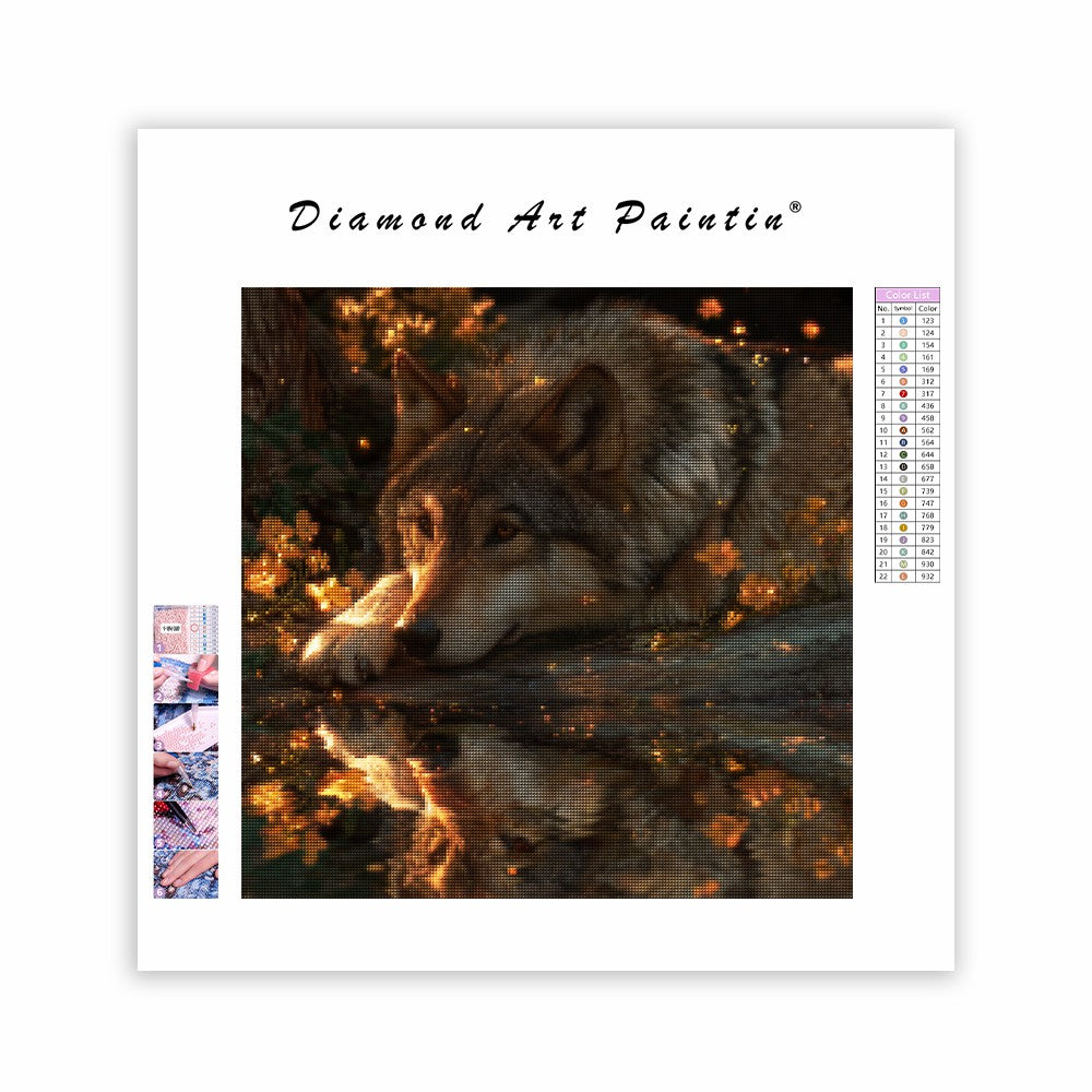 Varg vid skogsbäcken - Diamantmålning