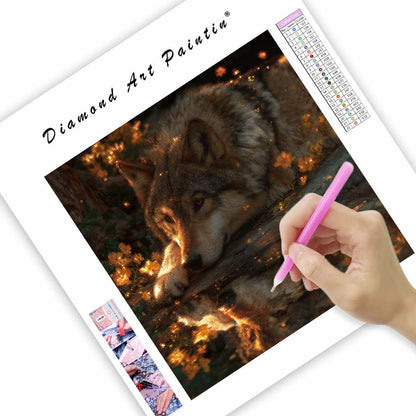 Varg vid skogsbäcken - Diamantmålning