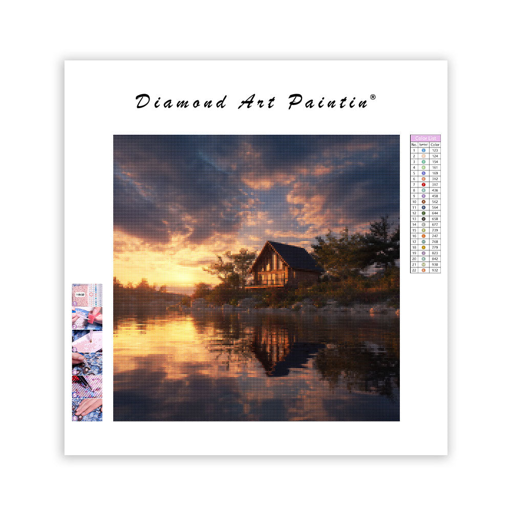 Stuga vid Sjön i Solnedgång - Diamantmålning