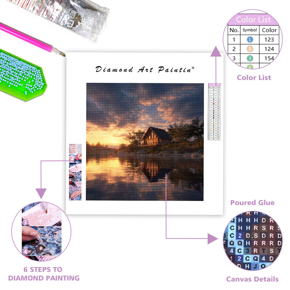 Stuga vid Sjön i Solnedgång - Diamantmålning