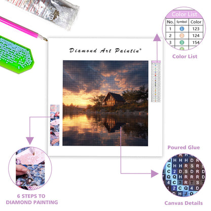 Stuga vid Sjön i Solnedgång - Diamantmålning