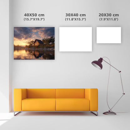 Stuga vid Sjön i Solnedgång - Diamantmålning