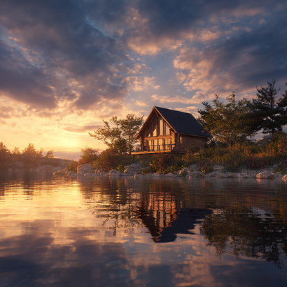 Stuga vid Sjön i Solnedgång - Diamantmålning