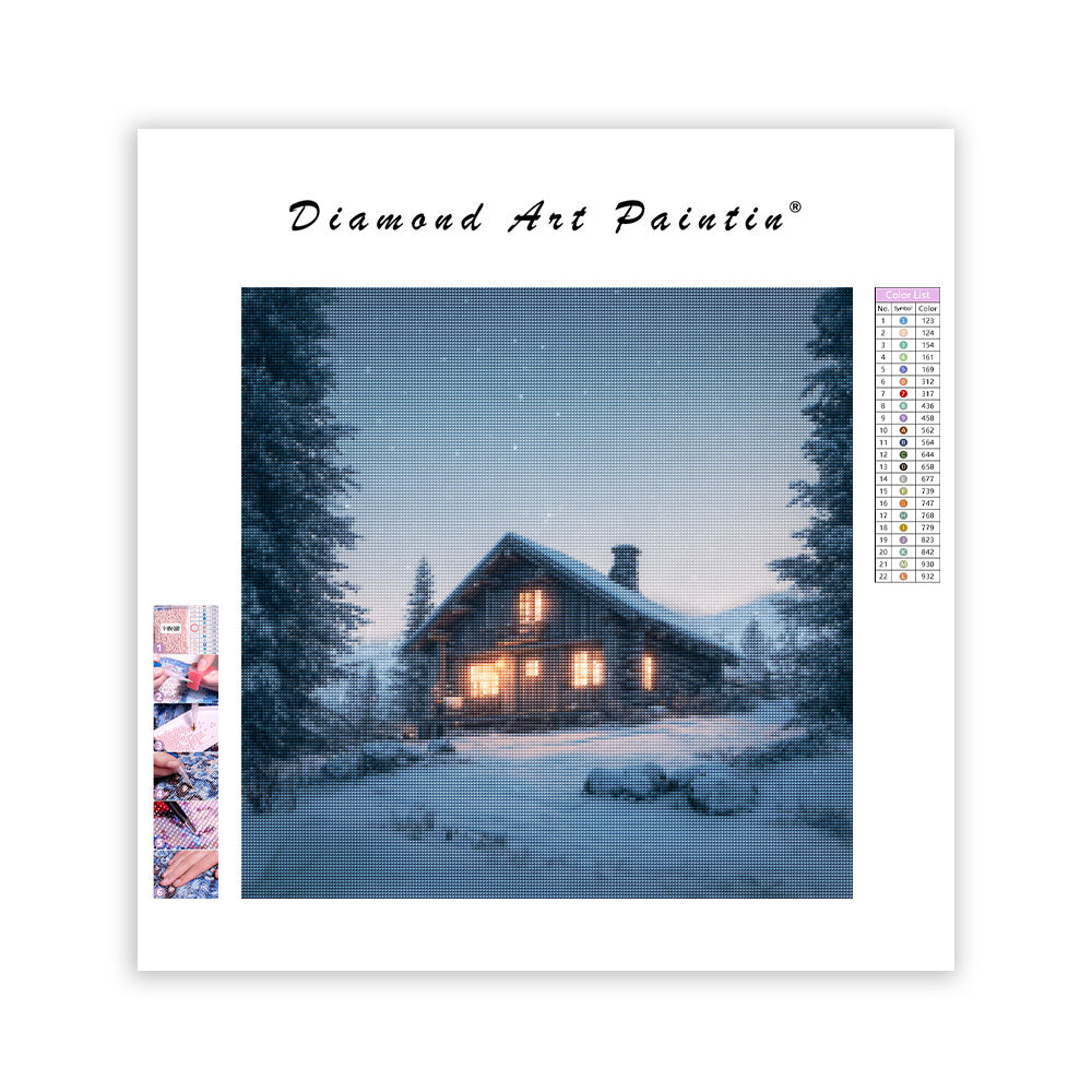 Mysig Stuga i Snön - Diamantmålning