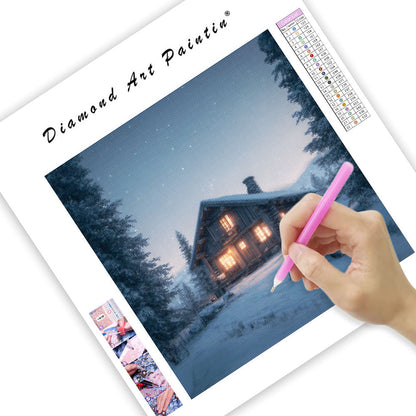 Mysig Stuga i Snön - Diamantmålning