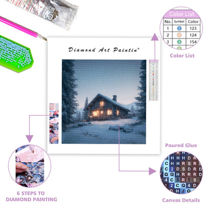 Mysig Stuga i Snön - Diamantmålning