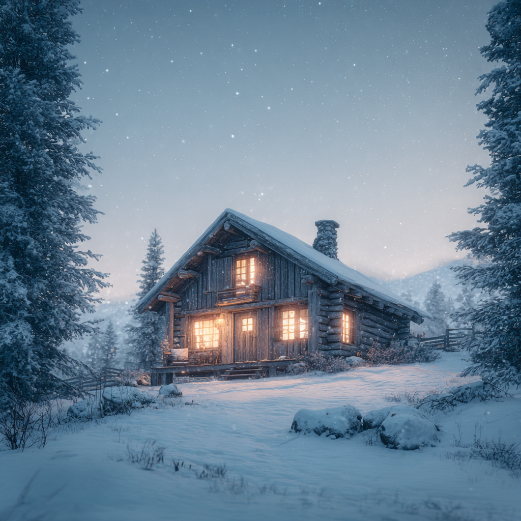 Mysig Stuga i Snön - Diamantmålning