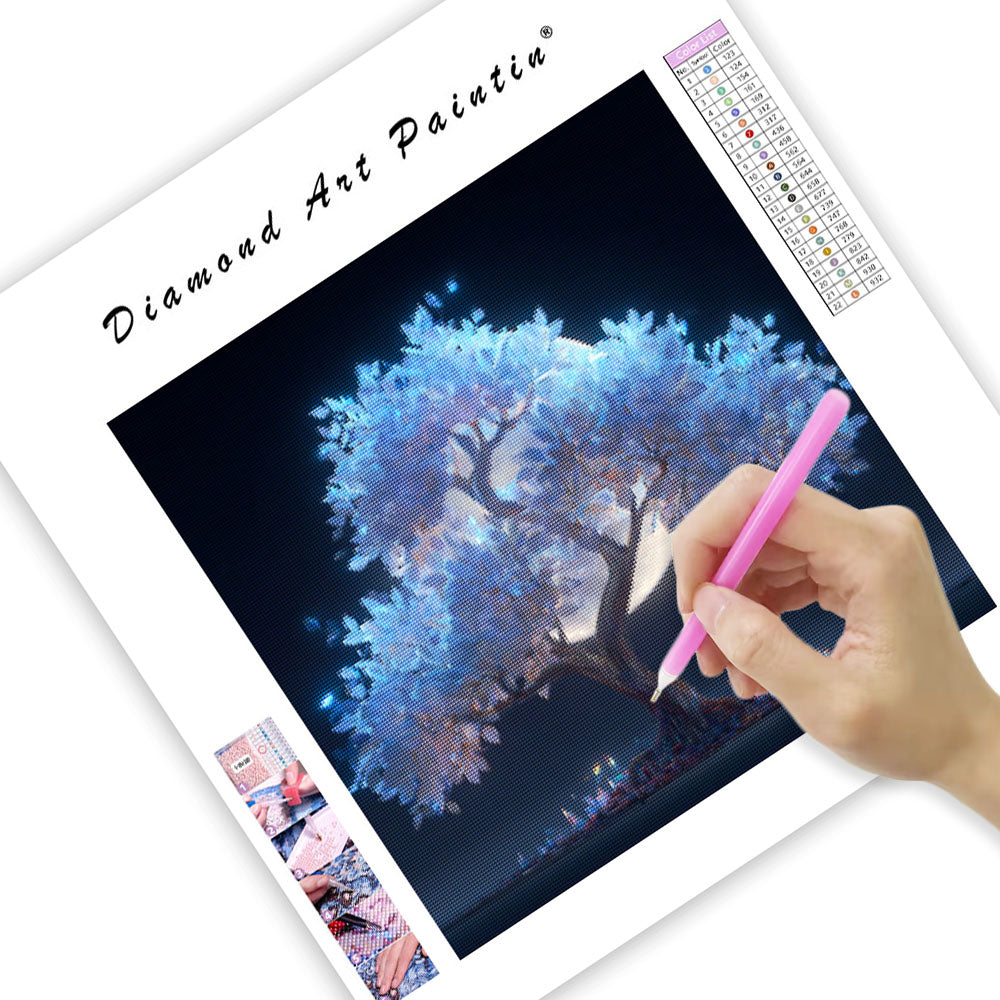 Glödande Silverträd - Diamantmålning