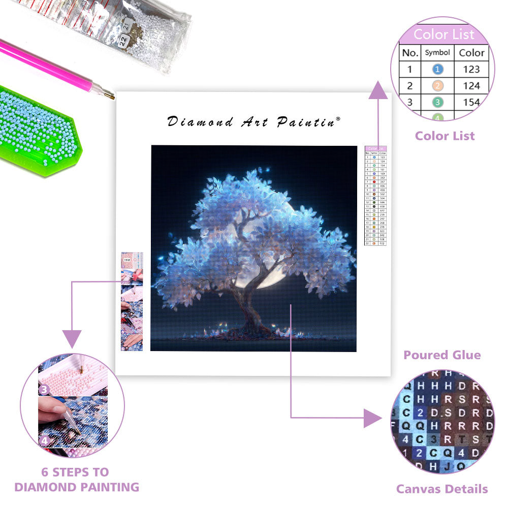 Glödande Silverträd - Diamantmålning