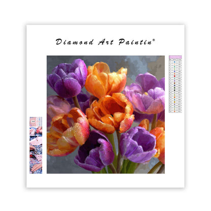 Orange och Lila Tulpanbukett - Diamantmålning