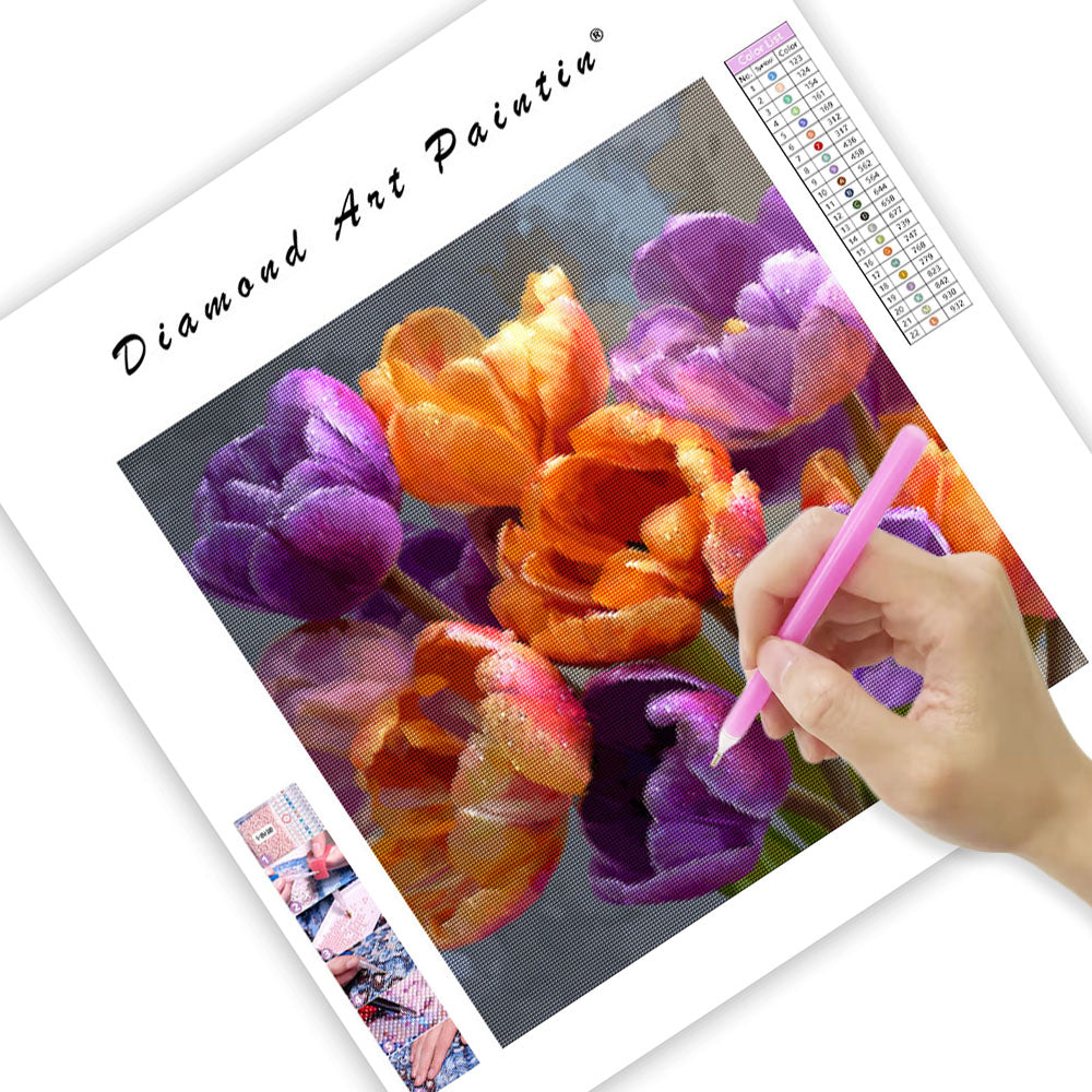 Orange och Lila Tulpanbukett - Diamantmålning